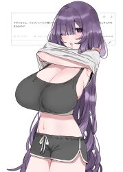 1girl :o blunt_bangs blush breasts cleavage clothes_lift commentary_request cowboy_shot dolphin_shorts eurasia_(wtp09ptw14) francoise_(eurasia) grey_shorts grey_sports_bra hair_over_one_eye highres large_breasts lifting_own_clothes long_hair midriff navel one_eye_closed open_mouth original purple_eyes purple_hair request_inset shirt shirt_lift short_shorts shorts simple_background solo sports_bra standing translation_request undressing very_long_hair wavy_hair white_background white_shirt
