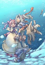 1boy 1girl 2000s_(style) acolyte_(ragnarok_online) arrow_(projectile) bird blue_background bow bow_(weapon) brown_capelet brown_pants brown_shirt brown_shorts brown_skirt capelet closed_mouth commentary_request cropped_jacket eagle full_body goggles goggles_on_head hair_bow hasenyo holding holding_bow_(weapon) holding_weapon hunter_(ragnarok_online) jacket long_hair looking_afar open_mouth pants pants_under_shorts pink_eyes pink_hair purple_bow purple_shirt quiver ragnarok_online shirt short_hair short_sleeves shorts skirt smile underwater weapon white_jacket
