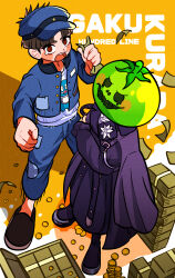 1boy 1girl absurdres blue_hat blue_jacket blue_pants blush_stickers brown_hair character_name coin copyright_name crossed_arms falling_money full_body hat highres holding holding_money jacket jacket_on_shoulders long_skirt maruko_gaku mask money oosuzuki_kurara pannomimi0301 pants print_shirt purple_jacket purple_skirt red_eyes shadow shirt short_hair skirt standing the_hundred_line_-last_defense_academy- tomato very_short_hair white_shirt