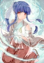 1girl blunt_bangs closed_mouth detached_sleeves floating_hair furude_rika hakama highres higurashi_no_naku_koro_ni higurashi_no_naku_koro_ni_gou japanese_clothes kimono kneeling long_hair long_sleeves miko painting_(medium) purple_hair red_eyes red_hakama ribbon-trimmed_sleeves ribbon_trim socks solo sweet_miuk_tea tabi traditional_media very_long_hair watercolor_(medium) white_kimono white_sleeves white_socks wide_sleeves
