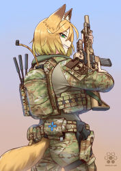 1girl american_flag ammunition_pouch animal_ears ass assault_rifle back backpack bag belt belt_pouch blonde_hair blue_background brown_background bulletproof_vest camouflage camouflage_bag camouflage_belt camouflage_jacket camouflage_pants commentary cowboy_shot dated english_commentary eotech first_aid flag_patch flashlight fox_ears fox_girl fox_tail glock gradient_background green_eyes grin gun handgun highres holding holding_gun holding_weapon holster jacket jpc laser_sight load_bearing_vest logo long_sleeves looking_at_viewer looking_back magazine_(weapon) military_combat_uniform military_operator military_uniform optical_sight original pants pouch rifle short_hair sig_mcx simple_background smile solo standing suppressor tail trigger_discipline unit_patch weapon zipper zipper_pull_tab