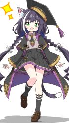 1girl :d absurdres animal_ear_fluff animal_ears black_coat black_necktie black_skirt black_socks blush braid cat_ears cat_girl cat_tail coat collared_shirt commentary_request dot_nose foot_up full_body green_eyes grey_shirt hair_ribbon hat highres karyl_(princess_connect!) kotatsu-mazoku long_hair long_sleeves looking_at_viewer mortarboard necktie open_clothes open_coat open_mouth pleated_skirt princess_connect! purple_hair ribbon shirt simple_background skirt smile socks solo sparkle standing tail twin_braids white_background white_ribbon
