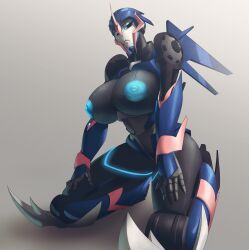 1girl absurdres arcee_(prime) black_sclera blue_eyes breasts colored_sclera grey_background helmet highres inker_comics large_breasts mecha metal_skin nipples robot robot_girl simple_background sweat thighs transformers transformers_prime
