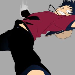 Rule 34 | 1boy, black hair, black pants, clenched hand, commentary, facial scar, feet out of frame, grey background, hands out of frame, hat, looking at viewer, male focus, midriff peek, monkey d. luffy, obobkkp, one piece, pants, red shirt, scar, scar on cheek, scar on face, shirt, short hair, simple background, solo, straw hat, symbol-only commentary, symbol-shaped pupils, teeth