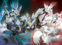 absurdres animal_focus artist_request black_kyurem blue_eyes blue_sclera claws closed_mouth colored_sclera dragon dragon_wings from_behind fusion gen_5_pokemon highres ice kyurem legendary_pokemon nintendo no_humans no_pupils official_art pokemon pokemon_(creature) pokemon_bw2 pokemon_focus red_sclera reshiram sharp_teeth standing teeth third-party_source two-tone_background white_eyes white_kyurem wings yellow_eyes yellow_sclera zekrom