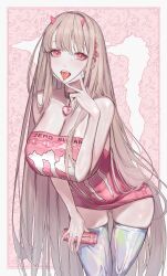 Rule 34 | 1girl, absurdres, breasts, can, choker, dress, drink can, energy drink, fangs, fingernails, goddess of victory: nikke, heart, heart-shaped pupils, highres, holding, holding can, horns, houh888, inward w, iridescent, large breasts, long fingernails, long hair, mask, mask pull, monster energy, mouth mask, open mouth, piercing, pink dress, print dress, soda can, solo, strapless, strapless dress, symbol-shaped pupils, thighhighs, tongue, tongue out, tongue piercing, tube dress, viper (nikke), w, white thighhighs