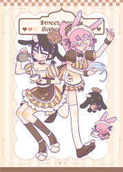 Rule 34 | 2girls, absurdres, alien stage, alternate costume, animal ears, animalization, apron, black hair, black shoes, black socks, blue hair, blush stickers, bow, brown apron, brown dress, brown wrist cuffs, chinese commentary, closed mouth, coldmeow, commentary, cup, dress, english text, food, footwear bow, full body, glasses, green eyes, hair ornament, hairclip, heart, high ponytail, highres, holding, holding paper, holding pen, maid headdress, mizi (alien stage), muffin, mug, multicolored hair, multiple girls, object in pocket, open mouth, paper, pen, pen in pocket, person and animalization, pink hair, pocket, ponytail, puffy short sleeves, puffy sleeves, purple eyes, rabbit, rabbit ears, rabbit girl, shoes, short sleeves, short twintails, single blush sticker, smile, socks, star (symbol), star hair ornament, striped clothes, striped dress, sua (alien stage), thighhighs, twintails, two-tone dress, two-tone hair, vertical-striped clothes, vertical-striped dress, white apron, white bow, white shoes, white thighhighs, wrist cuffs, yellow dress