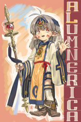 Rule 34 | 1girl, antenna hair, blue headband, blush stickers, boots, brown boots, character name, commentary, facepaint, fantasy, full body, gold ring, grey hair, hair between eyes, hair intakes, hair ornament, headband, high heel boots, high heels, holding, holding staff, jewelry, kneehighs, long sleeves, looking at viewer, looking to the side, medium hair, multicolored kneehighs, multicolored robe, okuribi, open mouth, original, pendant, pointy ears, red eyes, red sash, ring, robe, sash, smile, socks, solo, staff, standing, tabard, teeth, upper teeth only, waving, wide sleeves