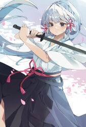 1girl absurdres ayaka_(genshin_impact) black_hakama blue_eyes blue_hair blunt_bangs commentary_request genshin_impact hair_ribbon hakama hakama_skirt hands_up higa_(gominami) highres holding holding_sword holding_weapon japanese_clothes kimono light_blush long_hair looking_at_viewer mole mole_under_eye parted_lips petals ribbon skirt solo sweat sword weapon white_kimono wooden_sword