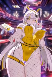 1girl alternate_breast_size animal_ears artist_name black_survival blurry blurry_background blush bow breasts card_game casino cleavage commentary_request covered_erect_nipples covered_navel eternal_return:_black_survival fake_animal_ears feet_out_of_frame fishnet_pantyhose fishnets groin hair_bow hair_ornament hairclip highres holding_poker_chip large_breasts leaning_back leotard long_hair looking_at_viewer minami_rio minami_rio_(winning_shot) multicolored_hair official_alternate_costume open_mouth pantyhose playboy_bunny poker_chip rabbit_ears solo standing streaked_hair thighs user_mwxd2354 white_hair yellow_eyes yellow_leotard