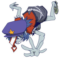 Rule 34 | 1girl, blue eyes, blue hair, colored skin, commentary request, full body, grey shoes, grey skin, grey skirt, grin, hat, hat ornament, jiangshi, jumping, looking at viewer, miyako yoshika, newsboy cap, ofuda, onikobe rin, open mouth, purple hat, red shirt, shirt, shoes, short hair, short sleeves, simple background, skirt, smile, solo, star (symbol), star hat ornament, touhou, upside-down, white background