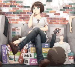 1girl assembling black_pants blue_eyes bob_cut brick_wall brown_hair brown_shoes collarbone commentary_request crossed_legs disembodied_hand disembodied_head disembodied_torso female_focus figure full_body hand_on_own_chin hand_up looking_away mannequin model original pants parted_lips shirt shoes short_hair short_sleeves sitting solo statue translation_request white_shirt yajirushi_(chanoma)