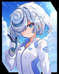 1girl absurdres blue_eyes gloves hair_over_one_eye highres jumpsuit looking_at_viewer mrrollingcircle sage_(sonic) smile solo sonic_(series) sonic_racing:_crossworlds two-tone_gloves upper_body white_gloves white_hair white_jumpsuit