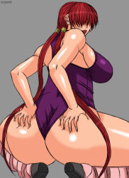 1girl ass breasts female_focus grey_background highres huge_ass huge_breasts large_breasts lipstick long_hair makeup papepox2 red_hair shermie_(kof) simple_background snk solo the_king_of_fighters