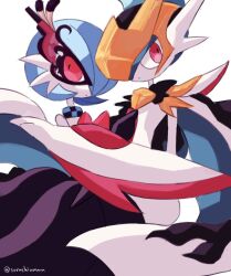 alternate_color arm_blade artist_name black_dress blue_hair cape dress gallade gardevoir gen_3_pokemon gen_4_pokemon hair_over_one_eye helmet looking_at_viewer mask masquerade_mask mega_gallade mega_gardevoir mega_pokemon nintendo pink_eyes pokemon pokemon_(creature) shiny_pokemon simple_background sorashiramu weapon white_background white_cape