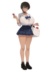 1girl black_choker black_hair black_socks blue_eyes blush bow bra_visible_through_clothes breasts choker condom condom_wrapper dark-skinned_female dark_skin female_focus full_body gurenola huge_breasts loafers looking_at_viewer mole mole_on_thigh mole_under_eye original plaid_clothes plaid_skirt pleated_skirt school_uniform shoes short_hair simple_background skirt socks thick_thighs thighs white_background