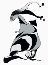 absurdres alternate_color alternate_shiny_pokemon black_wings flygon from_behind full_body gen_3_pokemon hat highres jester_cap keroreud limited_palette nintendo no_humans pokemon pokemon_(creature) pokemon_focus red_eyes simple_background striped_tail tail white_background wings