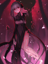 1girl aito bare_legs black_dress commentary_request corruption dark_sakura dress evil_smile fate/stay_night fate_(series) glowing hair_ribbon hand_on_own_face heaven&#039;s_feel highres long_hair looking_at_viewer matou_sakura red_background red_eyes red_ribbon ribbon smile solo white_hair