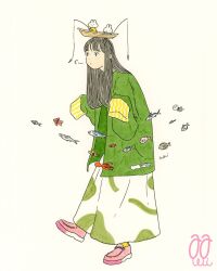 Rule 34 | 1girl, awai (awaiwaiwai), boat, closed mouth, coat, fish, fishing, fishing rod, green coat, highres, loafers, long hair, long skirt, long sleeves, looking to the side, open clothes, open coat, original, pink shoes, rabbit, shoes, signature, simple background, skirt, sleeves past fingers, sleeves past wrists, socks, solo, standing, standing on one leg, swimming, watercraft, white background, white skirt, yellow socks