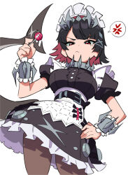 1girl 1prettyperidot apron black_pantyhose candy ellen_joe fish_tail food lollipop maid maid_apron maid_headdress pantyhose shark_tail short_sleeves solo tail white_background zenless_zone_zero