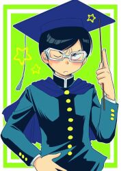 1boy 8_(jyujyujyu) black_hair blush closed_mouth eden_no_ori gakuran glasses green_background hat index_finger_raised long_sleeves male_focus mariya_shirou mortarboard one_eye_closed pointer school_uniform short_hair solo star_(symbol) tassel upper_body white-framed_eyewear