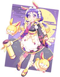 1girl absurdres animal animal_ears blonde_hair blunt_bangs blush dango egasumi food food-themed_clothes food_on_face full_body full_moon geta hair_ornament hairband highres holding holding_food holding_mallet japanese_clothes kimono kine lolita_fashion lolita_hairband long_sleeves looking_at_viewer low_twintails mallet moon mouth_hold multicolored_hair nail_polish obi original paw_print pom_pom_(clothes) pom_pom_hair_ornament purple_eyes purple_hair rabbit rabbit_ears rabbit_girl ribbon-trimmed_legwear ribbon_trim rittai_(hoka2shokupan) sash skewer sky socks solo star_(sky) star_(symbol) starry_sky tsukimi tsukimi_dango twintails two-tone_hair wa_lolita wagashi