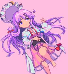 1girl barefoot bow closed_mouth commentary crescent crescent_hat_ornament dress dress_bow hair_bow hat hat_ornament long_hair lying mob_cap on_back patchouli_knowledge pink_dress pixel_art potemki11 purple_background purple_eyes purple_hair red_bow robe simple_background solo touhou unworn_headwear very_long_hair