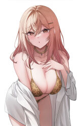 1girl :o absurdres animal_print bikini blonde_hair breasts cleavage commentary_request gold_choker highres hololive hololive_dev_is ichijou_ririka large_breasts leopard_print looking_at_viewer off_shoulder parted_lips pink_eyes pink_hair pink_nails revision shirt simple_background solo steelball_(jwk76806995) swimsuit virtual_youtuber white_background white_shirt yellow_bikini