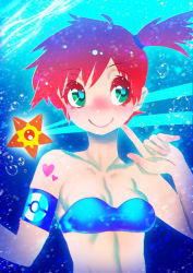 1girl aqua_eyes blush breasts bubble creatures_(company) female_focus game_freak gen_1_pokemon hakkasame misty_(pokemon) nintendo pokemon pokemon_(creature) pokemon_frlg short_hair side_ponytail small_breasts smile solo staryu swimsuit underwater water