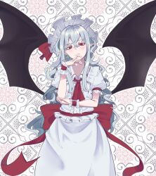 1girl alternate_hair_length alternate_hairstyle ascot back_bow bat_wings blue_hair bow earrings hat hat_ribbon highres jewelry kanaria_(bcomn) long_hair looking_at_viewer mob_cap pink_hat pink_shirt pink_skirt pointy_ears puffy_short_sleeves puffy_sleeves red_ascot red_bow red_eyes red_ribbon remilia_scarlet ribbon shirt short_hair short_sleeves skirt skirt_set solo touhou wings wrist_cuffs