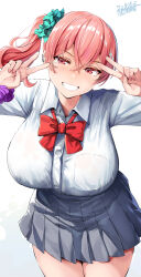 1girl belko blush bow bowtie breast_pocket breasts collared_shirt commentary_request cowboy_shot crossed_bangs double_v eyelashes grey_skirt grin hair_ornament hair_scrunchie highres large_breasts looking_at_viewer original pink_hair pleated_skirt pocket red_bow red_bowtie red_eyes red_hair scrunchie shirt shirt_tucked_in side_ponytail simple_background skirt smile solo taut_clothes v white_background white_shirt wrist_scrunchie