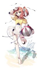 1girl a.i._voice adachi_rei alternate_costume android arm_up ball beach beachball flat_chest floating_hair hair_ribbon hashtag-only_commentary highres holding holding_ball kaka_ka_k leg_up looking_at_viewer ocean open_mouth orange_eyes orange_hair ribbon sand shirt short_sleeves side_ponytail skirt solo standing standing_on_one_leg utau white_background white_skirt yellow_shirt