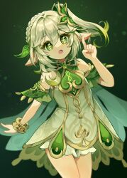 1girl bloomers bracelet braid breasts cross-shaped_pupils dress genshin_impact gold_bracelet green_eyes green_hair hair_between_eyes hair_intakes hair_ornament highres index_finger_raised jewelry leaf_hair_ornament long_hair medium_breasts multicolored_hair nahida_(genshin_impact) open_mouth pointy_ears short_sleeves side_ponytail sleeveless sleeveless_dress solo soraemon streaked_hair symbol-shaped_pupils underwear white_dress white_hair