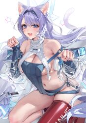 1girl :d animal_ears azur_lane bare_shoulders black_hairband blue_eyes blue_panties blue_sleeves breasts cat_ears cat_girl cat_tail cleavage commentary_request detached_sleeves fang fingernails hairband highres large_breasts long_hair looking_at_viewer mole mole_under_eye navel open_mouth panties paw_pose purple_hair red_thighhighs sabotensuteeki santa_fe_(azur_lane) see-through_clothes see-through_sleeves simple_background single_thighhigh smile solo star-shaped_pupils star_(symbol) stomach symbol-shaped_pupils tail thighhighs underwear white_background