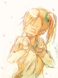 Rule 34 | 1girl, ^ ^, aqua scrunchie, aqua shirt, asymmetrical bangs, blush, brown hair, brown jacket, buttons, closed eyes, collared shirt, eyelashes, falling petals, futami mami, hair ornament, hair scrunchie, happy, idolmaster, idolmaster (classic), jacket, limited palette, long hair, long sleeves, open mouth, petals, scrunchie, shirt, side ponytail, simple background, sleeves past wrists, smile, solo, sweater jacket, teeth, upper body, white background, yae (mono110)