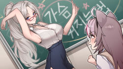 2girls absurdres ahoge animal_ears armpits black_skirt blue_eyes blush breasts brown_hair chalkboard closed_mouth collared_shirt glasses gotica grey_hair high-waist_skirt highres large_breasts lee_rein long_hair long_sleeves mole mole_on_breast mole_under_eye multicolored_hair multiple_girls nana_ring open_mouth pink_hair ponytail red-framed_eyewear round_eyewear school_uniform shirt skirt streaked_hair teacher teacher_and_student virtual_youtuber vlyz white_hair white_shirt