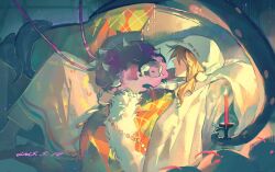 1boy animal blanket candlelight christmas_nightmare_(e.g.o) e.g.o_(project_moon) gregor_(project_moon) hair_over_eyes hat haze highres jing84672940 limbus_company low_ponytail lying male_focus mob_cap on_back pig_snout pillow plaid_blanket ponytail project_moon sleeping solo spikes tentacles