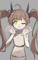 1girl absurdres ahoge android antennae barcode blue_ribbon collarbone commentary cum cum_in_eye cum_on_body cum_on_hair cum_on_hands expressionless female_focus flat_chest grey_background hair_ribbon hakozaki_serika hands_up highres idolmaster idolmaster_million_live! joints kouki_(chancegak) long_hair looking_at_viewer navel no_nipples nude one_eye_closed ribbon solo tongue twintails yellow_eyes