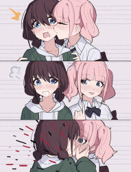 2girls @_@ black_bow black_bowtie blue_eyes blush bow bowtie brown_hair collared_shirt commentary english_commentary girls_band_cry green_jacket grey_eyes hair_between_eyes highres hina_(girls_band_cry) hood hood_down hoodie iseri_nina jacket kiss kissing_cheek low_twintails multiple_girls pink_hair pinky_out puff_of_air shirt short_hair short_twintails tongue tongue_out twintails white_hoodie white_shirt yun_cao_bing yuri