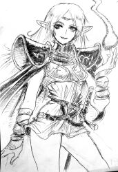 1girl absurdres armor blqueen cape circlet deedlit elf highres long_hair looking_at_viewer magic pauldrons pointy_ears record_of_lodoss_war shoulder_armor smile solo traditional_media
