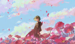 1other androgynous arms_behind_back blue_sky brown_hair brown_robe cloud commentary_request dappled_sunlight day earrings falling_petals field flower flower_field from_side highres jewelry jjythkn99 looking_at_viewer mahoutsukai_no_yakusoku outdoors parted_lips petals pink_clouds pink_flower robe rutile_(houseki_no_kuni) short_hair sky smile standing sunlight turning_head wide_shot