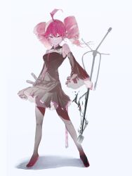 1girl absurdres ahoge arm_at_side arm_behind_back armpit_crease black_boots black_shirt black_skirt black_sleeves black_thighhighs blush boots breasts closed_mouth collared_shirt detached_sleeves drill_hair floating_clothes full_body hair_between_eyes hashtag-only_commentary highres holding holding_microphone_stand kasane_teto kasane_teto_(utau) legs_apart long_sleeves medium_breasts microphone microphone_stand pink_eyes red_hair shadow shikihutuka shirt signature skirt sleeveless sleeveless_shirt smile solo standing thigh_boots thighhighs twin_drills utau wing_collar