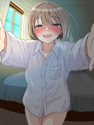 1girl blush borrowed_clothes breath commentary_request dress_shirt earrings grey_hair half-closed_eyes highres hondy_(user_gcxa2842) idolmaster idolmaster_shiny_colors incoming_hug indoors jewelry looking_at_viewer nose_blush serizawa_asahi shirt short_hair single_earring smile solo thighs white_shirt