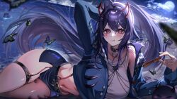 1girl :q absurdres akuma_nihmune arm_behind_head beach belt black_belt black_collar black_skirt blue_jacket breasts bug butterfly cloud collar cropped_jacket cropped_shirt facial_mark flying_sweatdrops full_moon fushi_yohaku hair_ornament heart heart-shaped_eyes heart_facial_mark highres holding holding_removed_eyewear indie_virtual_youtuber insect jacket long_hair long_sleeves midriff moon navel noomba_(akuma_nihmune) pencil_skirt pink_eyes ponytail purple_hair shirt skirt star_(symbol) star_hair_ornament sunglasses thigh_strap tongue tongue_out unworn_eyewear virtual_youtuber white_shirt