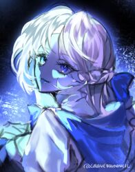 1girl blue_dress blue_skin colored_skin commentary cookie_run cookie_run:_kingdom dress english_commentary heterochromia highres long_hair looking_at_viewer piemy shadow_milk_cookie shadow_milk_cookie_(female) slit_pupils smile solo very_long_hair white_hair