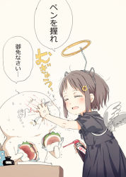 1girl :d anger_vein ano_ko_wa_toshi_densetsu black_dress blush brown_background brown_hair closed_eyes dress fake_halo fake_horns feathered_wings flower food gomennasai grabbing_another&#039;s_face hair_flower hair_ornament hairpin halo head_grab holding holding_food horns inkwell open_mouth puffy_short_sleeves puffy_sleeves short_hair short_sleeves smile spray_can translation_request white_wings wings yellow_flower zangyaku-san