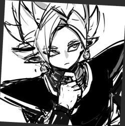 1boy art_program_in_frame bodysuit dragon_ball dragon_ball_super earrings frown fused_zamasu greyscale jewelry long_sleeves looking_to_the_side monochrome pointy_ears potara_earrings ring sash sketch solo spiked_hair thinking yorusaki_777