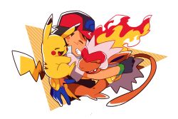 Rule 34 | &gt; &lt;, 1boy, ash ketchum, baseball cap, black gloves, black hair, closed eyes, commentary request, fire, gen 1 pokemon, gen 4 pokemon, gloves, hat, hug, infernape, male focus, nintendo, on shoulder, open mouth, pikachu, pokemon, pokemon (anime), pokemon (creature), pokemon dppt (anime), pokemon on shoulder, red hat, sharp teeth, short hair, short sleeves, simple background, smile, teeth, upper body, white background, yutani