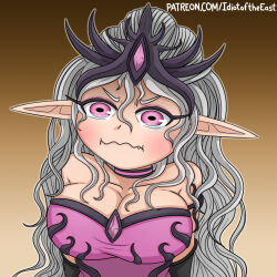 1girl breasts choker cleavage commentary crying_aqua_(meme) english_commentary fang grey_hair highres idiot_of_the_east kono_subarashii_sekai_ni_shukufuku_wo! large_breasts meme parody pink_choker pink_eyes pointy_ears slaanesh solo tearing_up tiara upper_body warhammer_40k watermark wavy_hair web_address