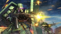 battle beam_rifle burning cable cloud cloudy_sky copyright_logo damaged debris dirty energy_beam energy_gun explosion firing geara_zulu gundam gundam_battle_operation_2 gundam_unicorn highres machinery mecha mecha_focus mobile_suit neo_zeon official_art one-eyed painting_(medium) realistic robot scan science_fiction shield sky smoke sunrise_(company) tenjin_hidetaka traditional_media weapon